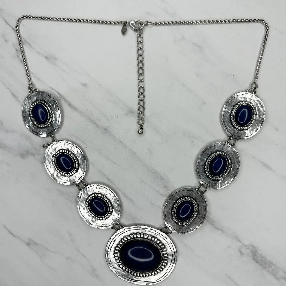 Chico's Blue Cabochon Silver Tone Disc Station Bib Necklace ✨ - Picture 2 of 11